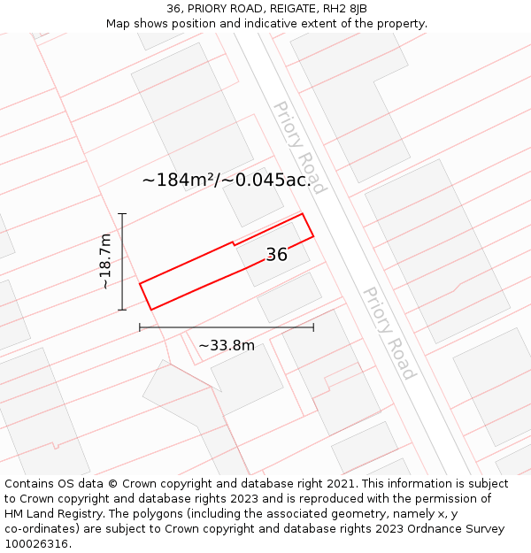 36, PRIORY ROAD, REIGATE, RH2 8JB: Plot and title map