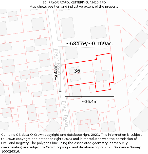 36, PRYOR ROAD, KETTERING, NN15 7FD: Plot and title map