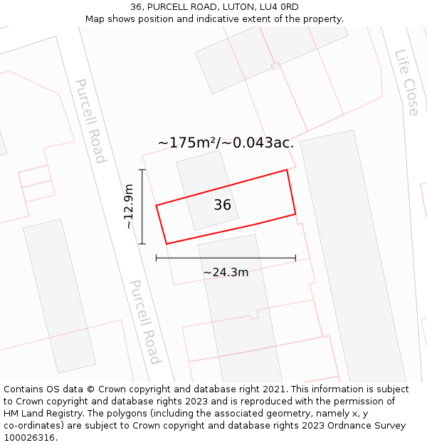 36, PURCELL ROAD, LUTON, LU4 0RD: Plot and title map