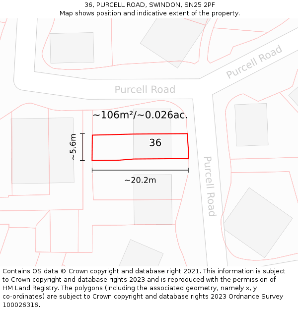 36, PURCELL ROAD, SWINDON, SN25 2PF: Plot and title map