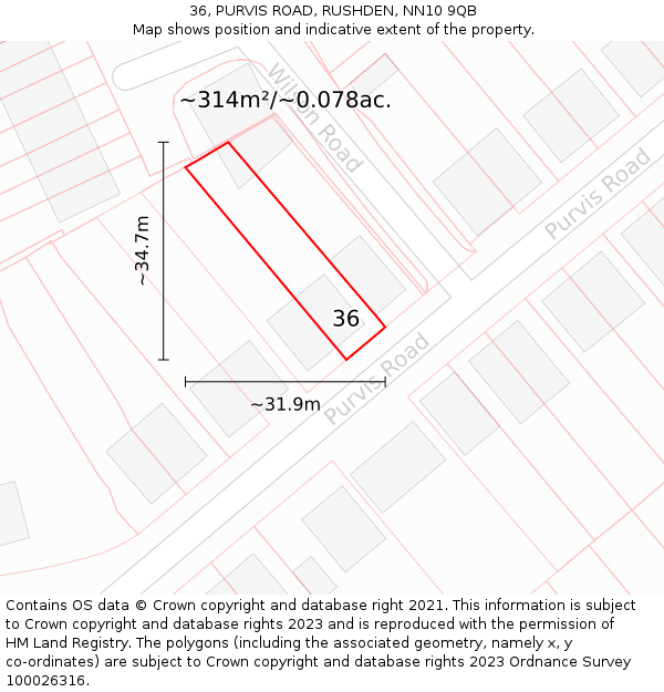 36, PURVIS ROAD, RUSHDEN, NN10 9QB: Plot and title map