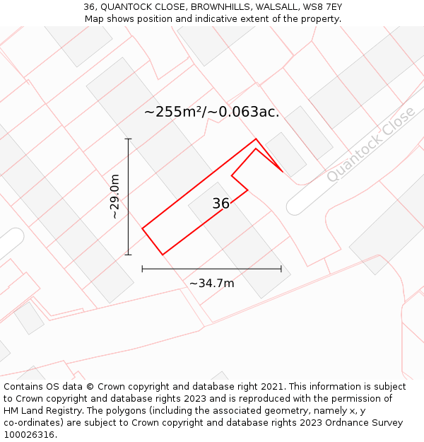 36, QUANTOCK CLOSE, BROWNHILLS, WALSALL, WS8 7EY: Plot and title map