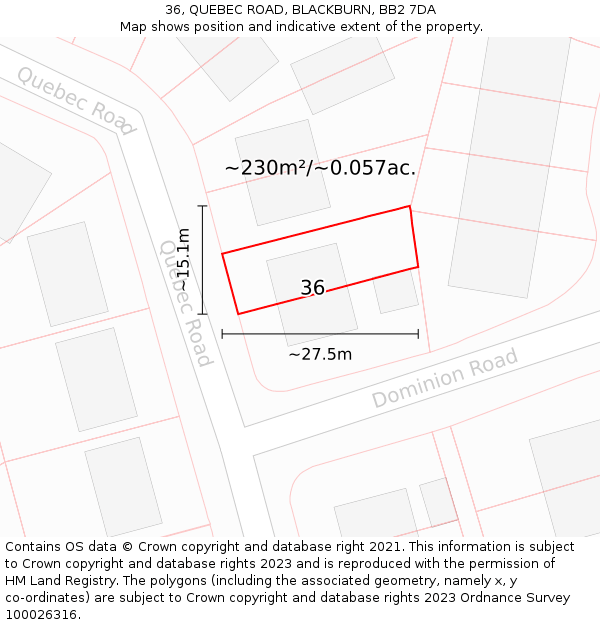 36, QUEBEC ROAD, BLACKBURN, BB2 7DA: Plot and title map