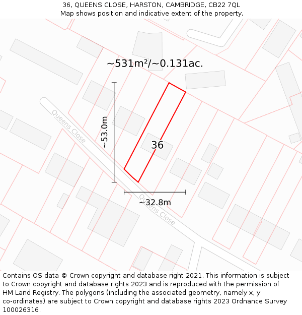 36, QUEENS CLOSE, HARSTON, CAMBRIDGE, CB22 7QL: Plot and title map