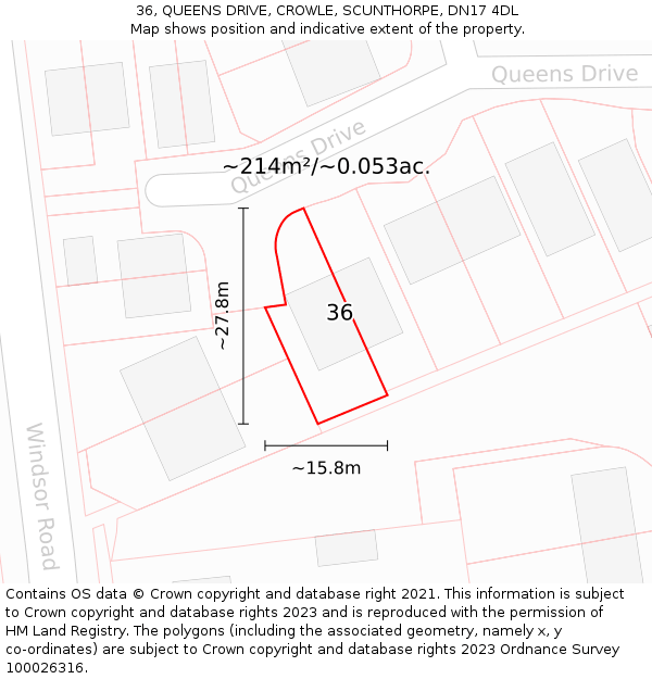 36, QUEENS DRIVE, CROWLE, SCUNTHORPE, DN17 4DL: Plot and title map