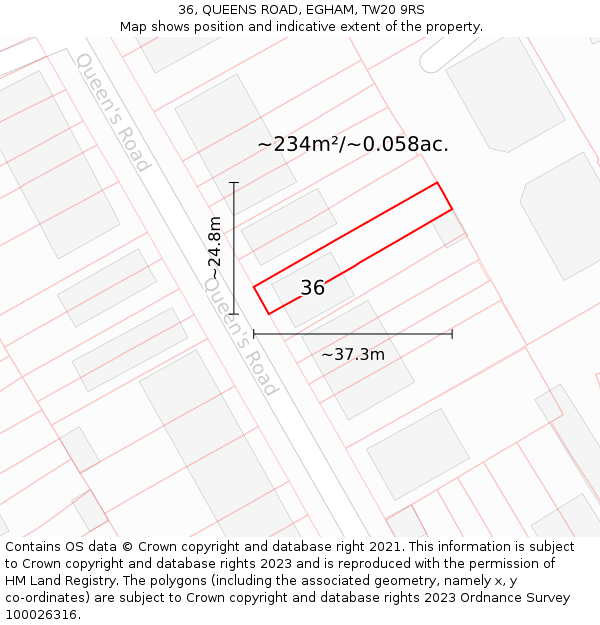 36, QUEENS ROAD, EGHAM, TW20 9RS: Plot and title map