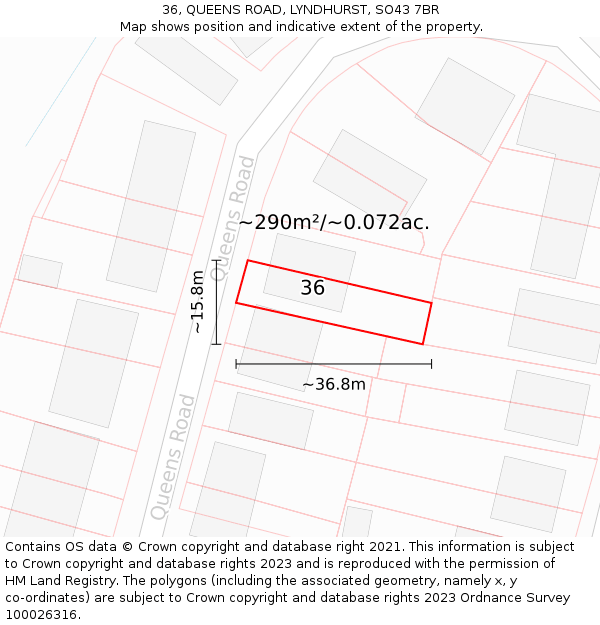 36, QUEENS ROAD, LYNDHURST, SO43 7BR: Plot and title map