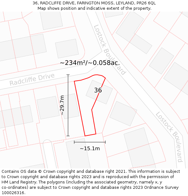 36, RADCLIFFE DRIVE, FARINGTON MOSS, LEYLAND, PR26 6QL: Plot and title map