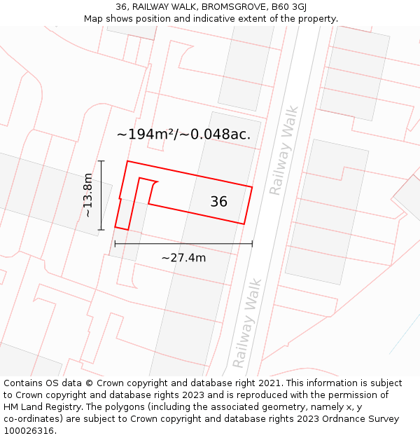 36, RAILWAY WALK, BROMSGROVE, B60 3GJ: Plot and title map