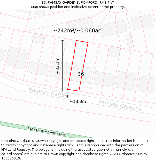 36, RAMSAY GARDENS, ROMFORD, RM3 7NT: Plot and title map