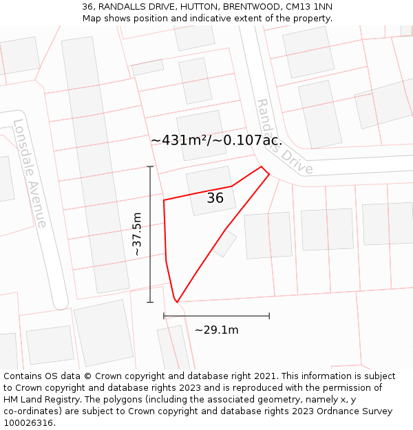 36, RANDALLS DRIVE, HUTTON, BRENTWOOD, CM13 1NN: Plot and title map