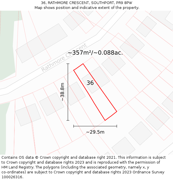 36, RATHMORE CRESCENT, SOUTHPORT, PR9 8PW: Plot and title map