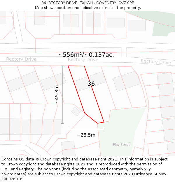 36, RECTORY DRIVE, EXHALL, COVENTRY, CV7 9PB: Plot and title map