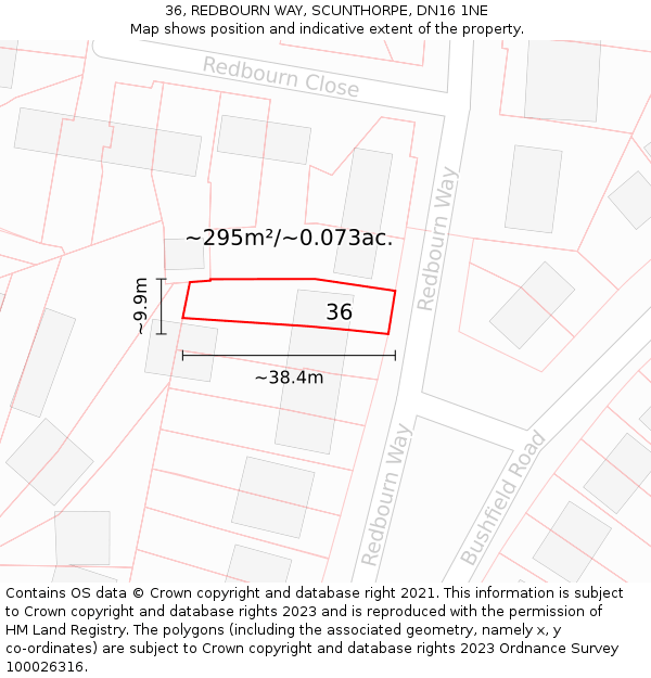 36, REDBOURN WAY, SCUNTHORPE, DN16 1NE: Plot and title map