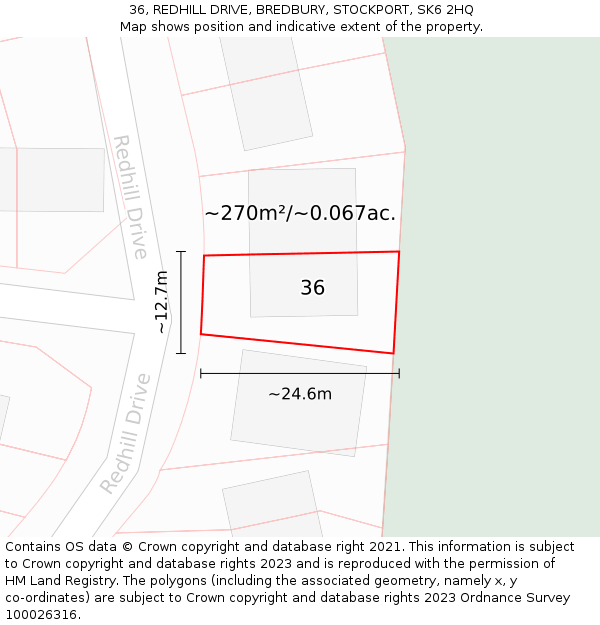 36, REDHILL DRIVE, BREDBURY, STOCKPORT, SK6 2HQ: Plot and title map