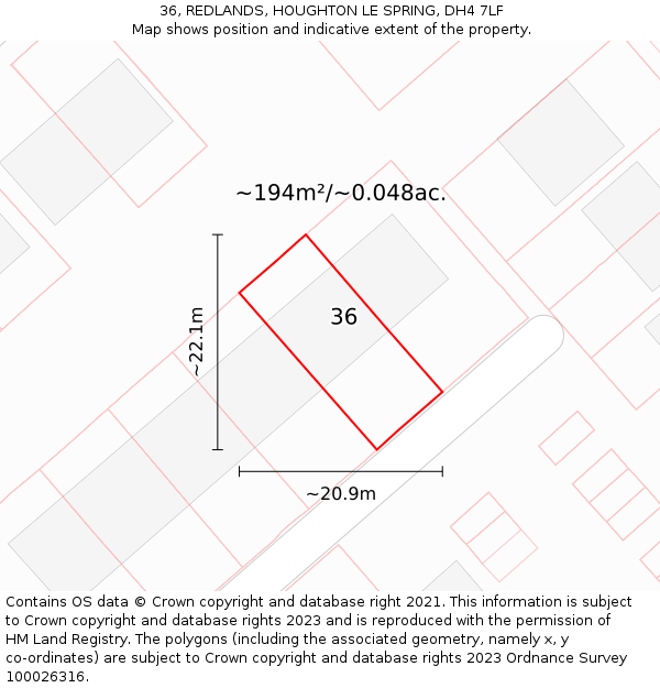 36, REDLANDS, HOUGHTON LE SPRING, DH4 7LF: Plot and title map