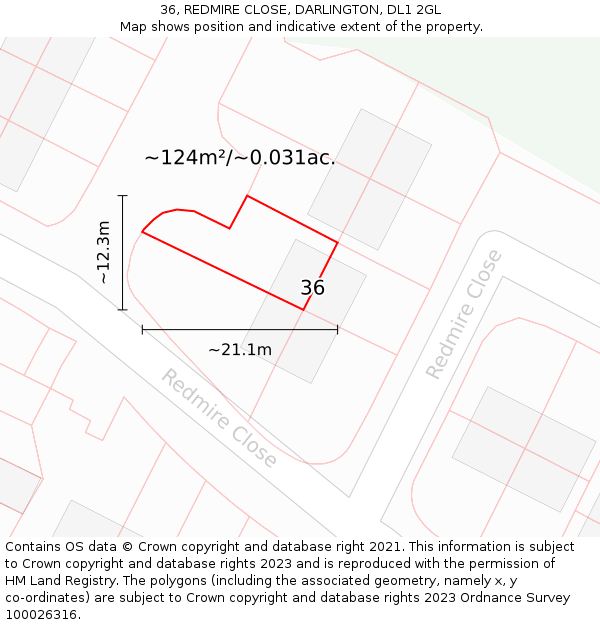 36, REDMIRE CLOSE, DARLINGTON, DL1 2GL: Plot and title map