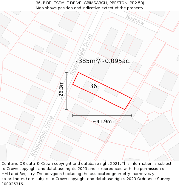 36, RIBBLESDALE DRIVE, GRIMSARGH, PRESTON, PR2 5RJ: Plot and title map