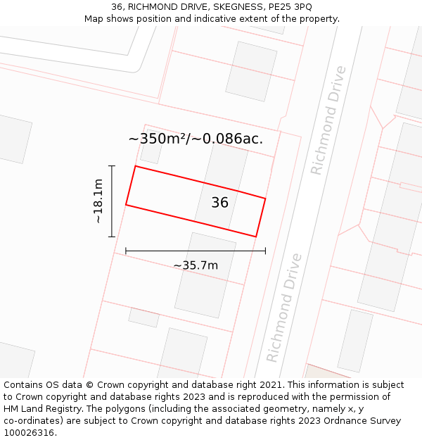 36, RICHMOND DRIVE, SKEGNESS, PE25 3PQ: Plot and title map