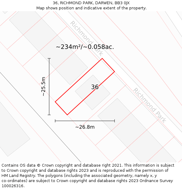 36, RICHMOND PARK, DARWEN, BB3 0JX: Plot and title map