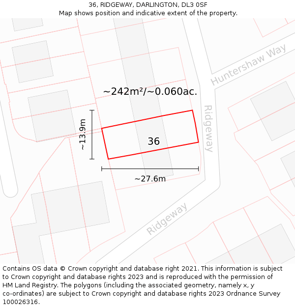 36, RIDGEWAY, DARLINGTON, DL3 0SF: Plot and title map