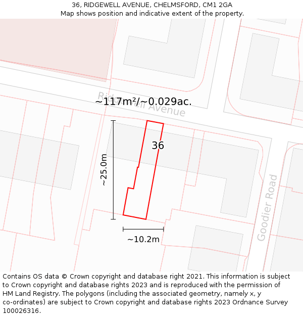 36, RIDGEWELL AVENUE, CHELMSFORD, CM1 2GA: Plot and title map