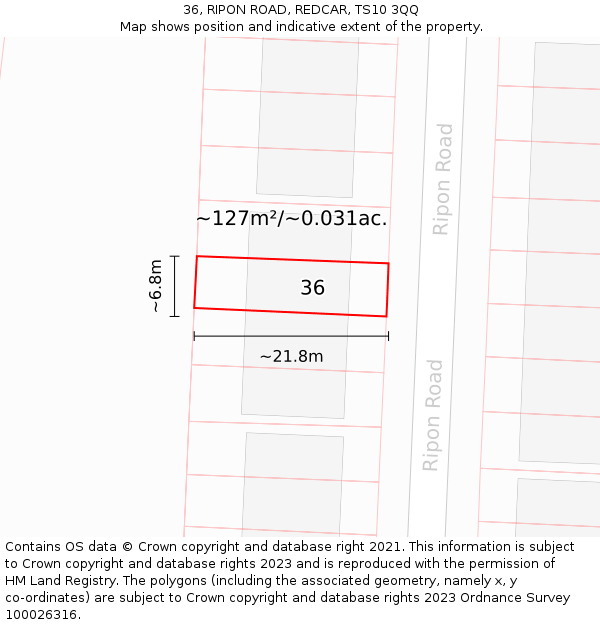 36, RIPON ROAD, REDCAR, TS10 3QQ: Plot and title map
