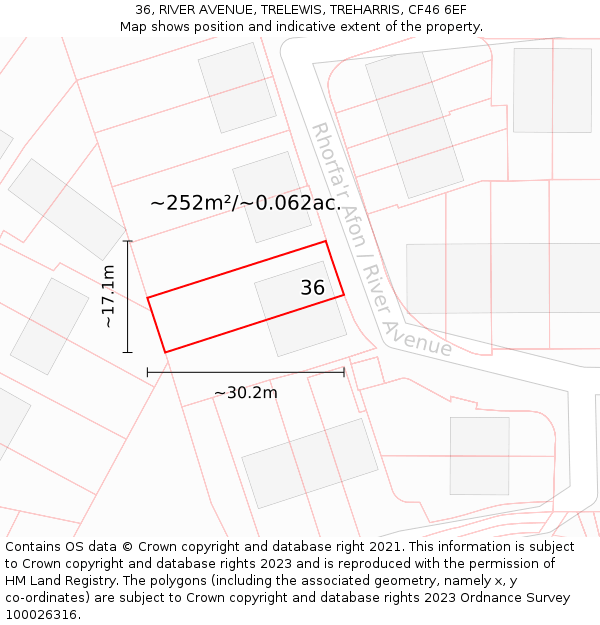 36, RIVER AVENUE, TRELEWIS, TREHARRIS, CF46 6EF: Plot and title map