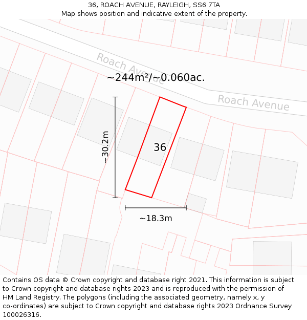 36, ROACH AVENUE, RAYLEIGH, SS6 7TA: Plot and title map