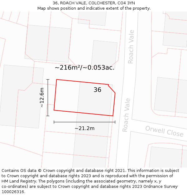 36, ROACH VALE, COLCHESTER, CO4 3YN: Plot and title map