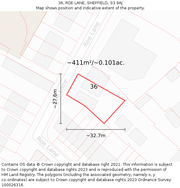 36, ROE LANE, SHEFFIELD, S3 9AJ: Plot and title map
