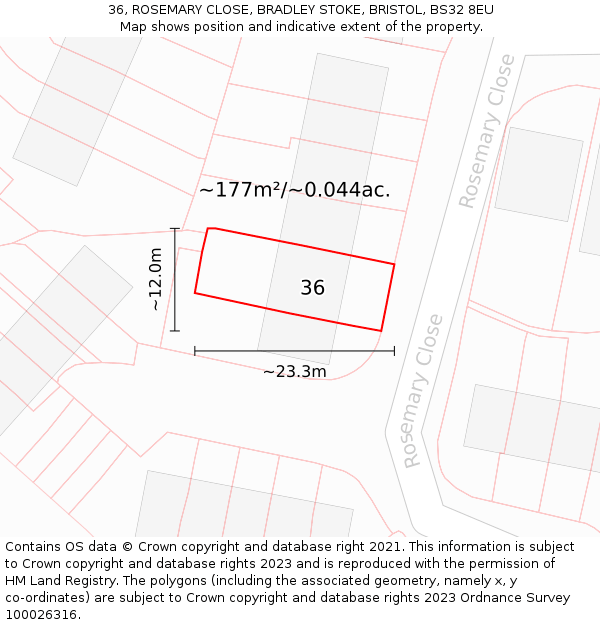 36, ROSEMARY CLOSE, BRADLEY STOKE, BRISTOL, BS32 8EU: Plot and title map