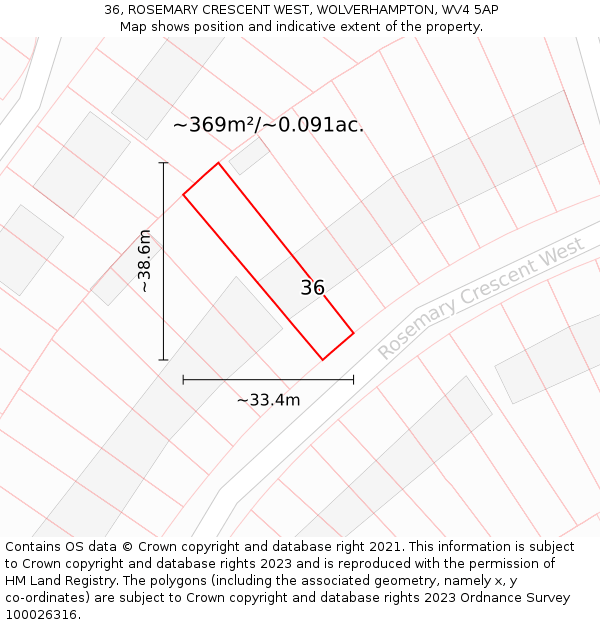 36, ROSEMARY CRESCENT WEST, WOLVERHAMPTON, WV4 5AP: Plot and title map