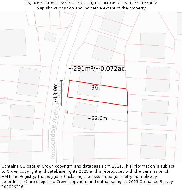 36, ROSSENDALE AVENUE SOUTH, THORNTON-CLEVELEYS, FY5 4LZ: Plot and title map