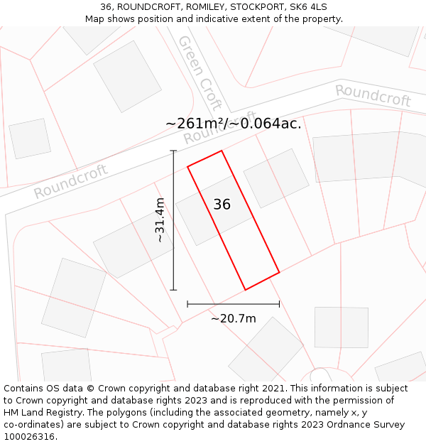 36, ROUNDCROFT, ROMILEY, STOCKPORT, SK6 4LS: Plot and title map