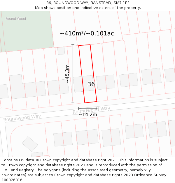 36, ROUNDWOOD WAY, BANSTEAD, SM7 1EF: Plot and title map