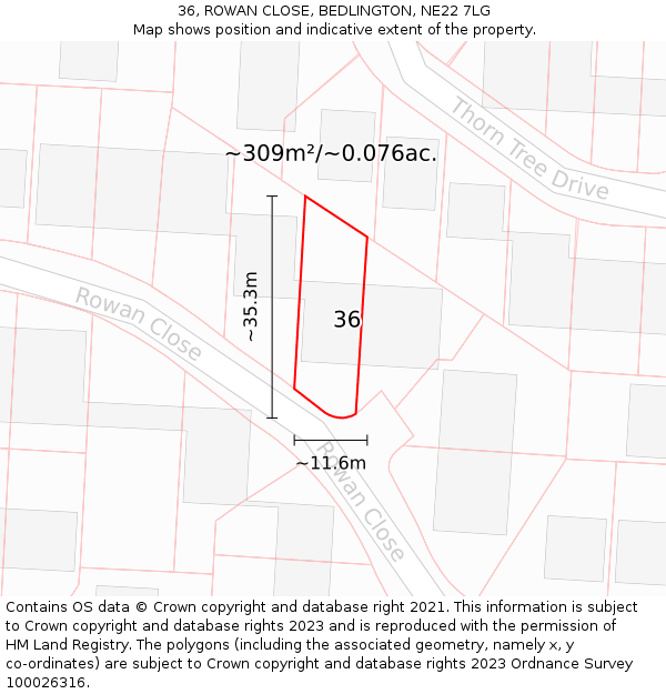 36, ROWAN CLOSE, BEDLINGTON, NE22 7LG: Plot and title map
