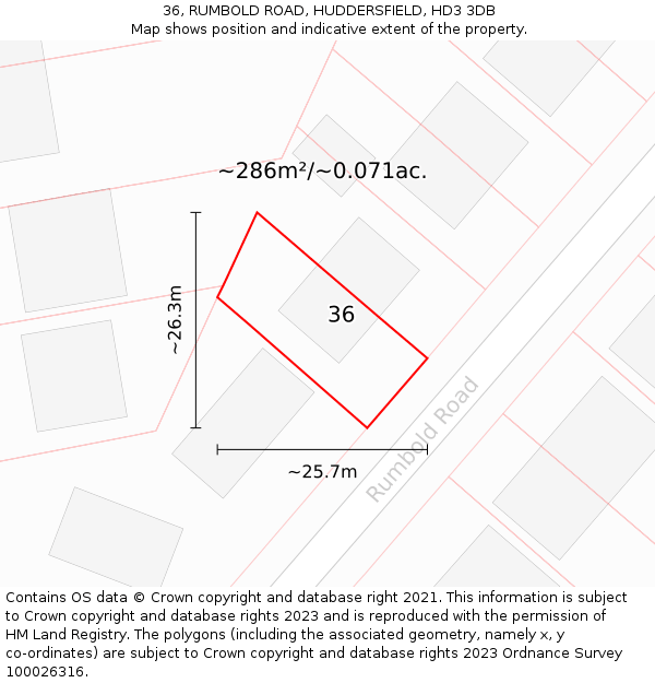 36, RUMBOLD ROAD, HUDDERSFIELD, HD3 3DB: Plot and title map