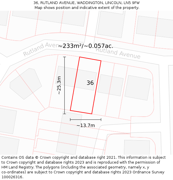 36, RUTLAND AVENUE, WADDINGTON, LINCOLN, LN5 9FW: Plot and title map