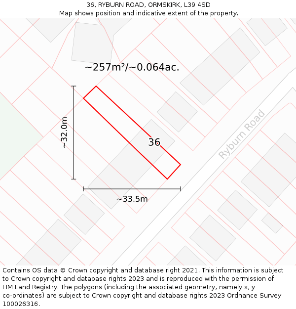 36, RYBURN ROAD, ORMSKIRK, L39 4SD: Plot and title map