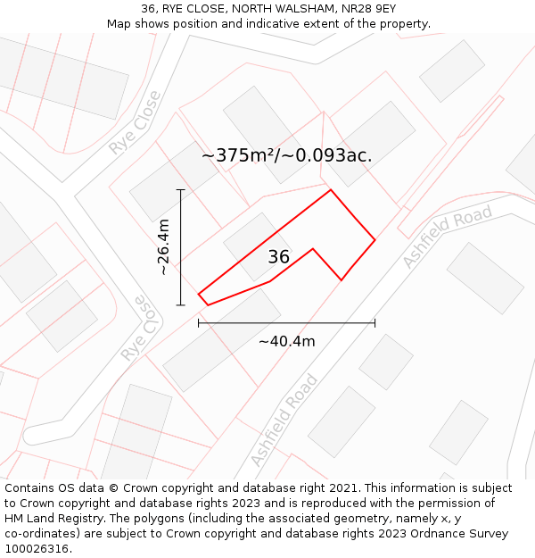 36, RYE CLOSE, NORTH WALSHAM, NR28 9EY: Plot and title map