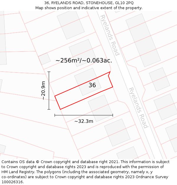 36, RYELANDS ROAD, STONEHOUSE, GL10 2PQ: Plot and title map
