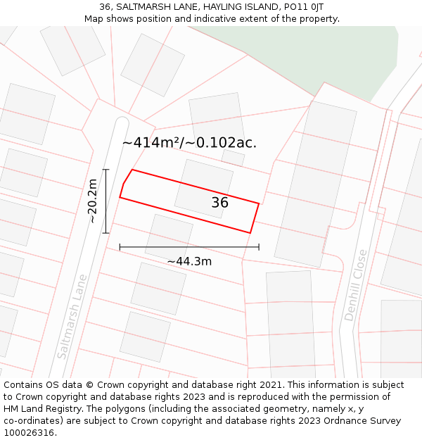 36, SALTMARSH LANE, HAYLING ISLAND, PO11 0JT: Plot and title map
