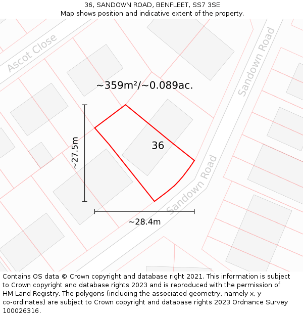 36, SANDOWN ROAD, BENFLEET, SS7 3SE: Plot and title map