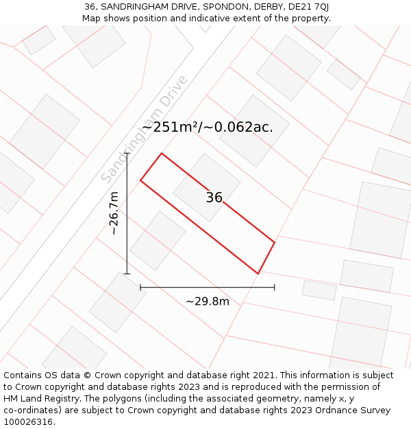36, SANDRINGHAM DRIVE, SPONDON, DERBY, DE21 7QJ: Plot and title map