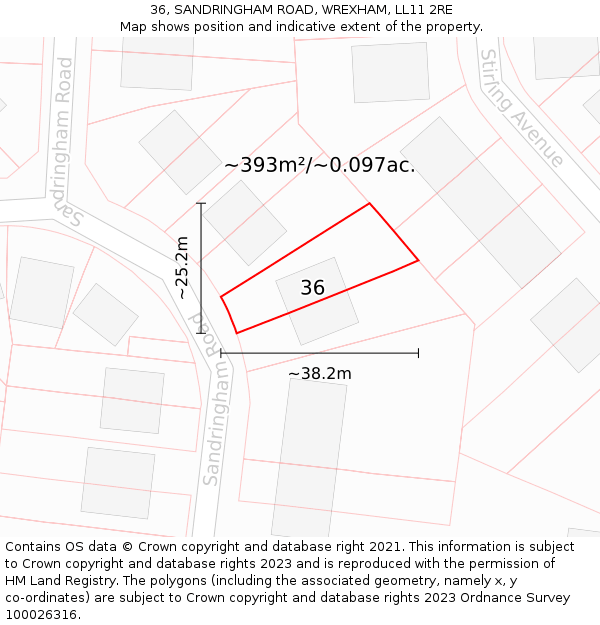 36, SANDRINGHAM ROAD, WREXHAM, LL11 2RE: Plot and title map