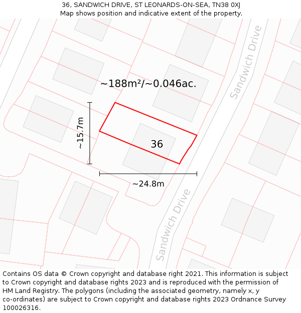 36, SANDWICH DRIVE, ST LEONARDS-ON-SEA, TN38 0XJ: Plot and title map