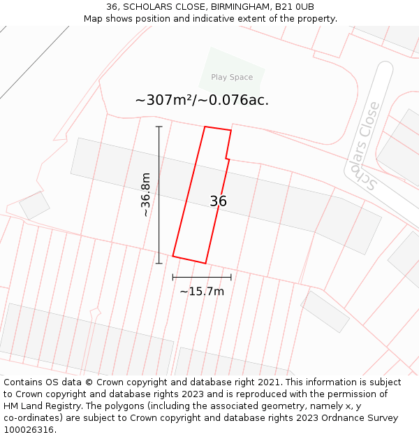 36, SCHOLARS CLOSE, BIRMINGHAM, B21 0UB: Plot and title map