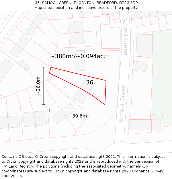 36, SCHOOL GREEN, THORNTON, BRADFORD, BD13 3DP: Plot and title map