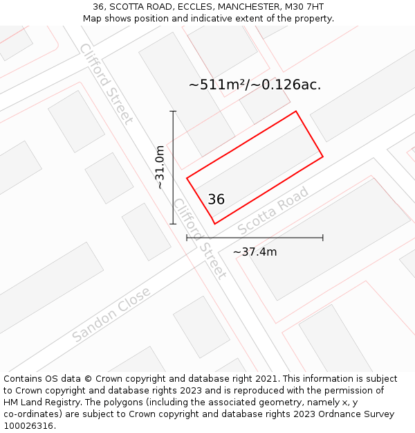 36, SCOTTA ROAD, ECCLES, MANCHESTER, M30 7HT: Plot and title map